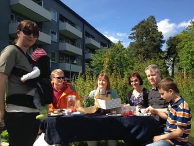 Family celebrating outside